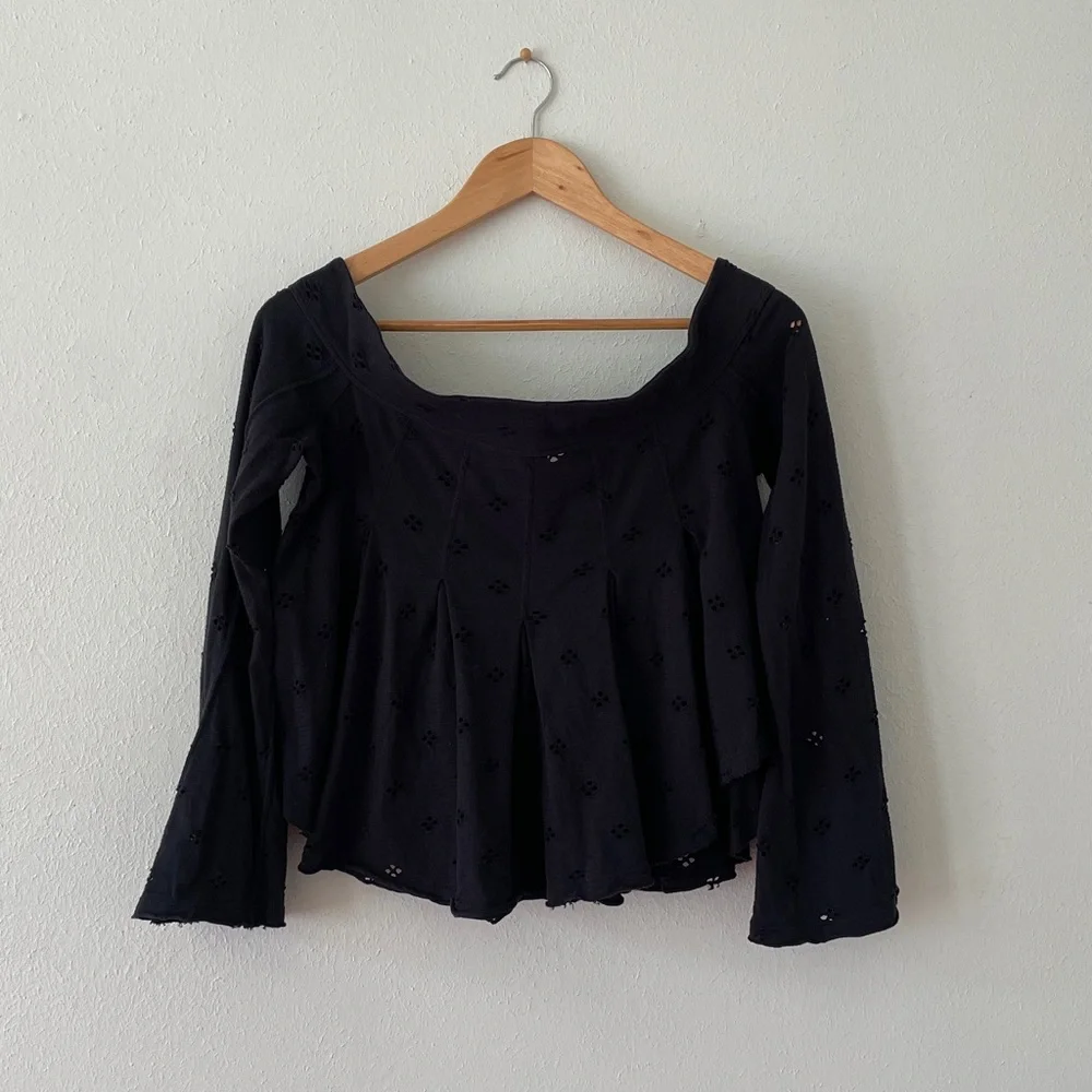 Free People Eyelet Blouse Flare Sleeve Washed Boho Black Medium